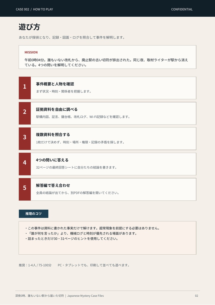 【PDF謎解き・1〜4人】深夜0時、誰もいない駅から届いた切符|事件捜査ゲーム CASE002