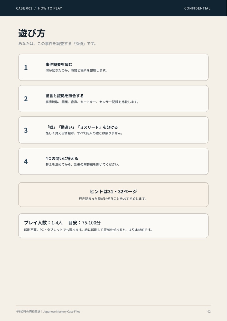 【PDF謎解き・事件捜査ゲーム】午前0時の廃校放送|事件捜査ゲーム CASE003