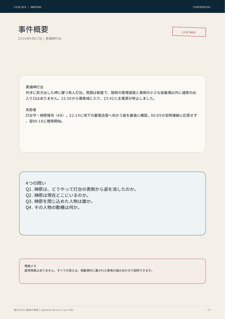 【PDF謎解き・事件捜査ゲーム】嵐の灯台と最後の無線|事件捜査ゲーム CASE004