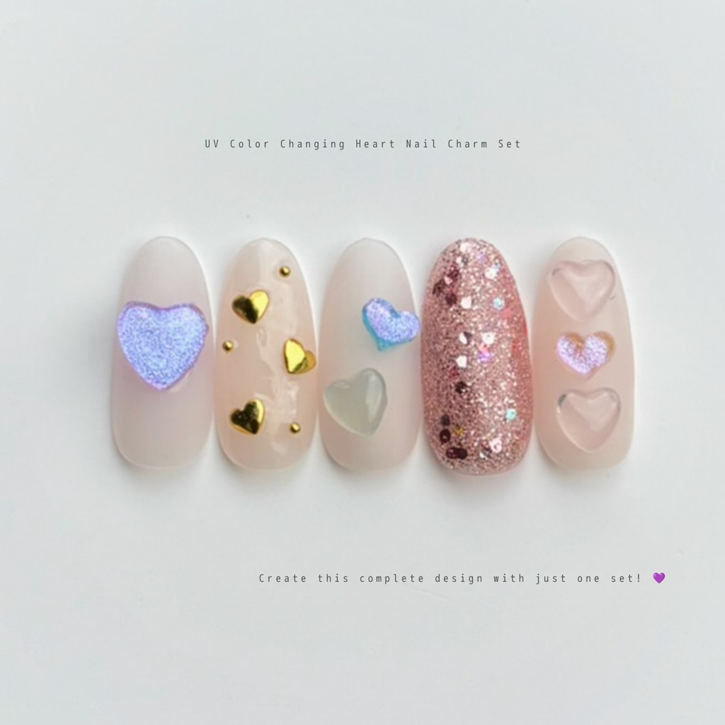☀️Magic UV Color Changing Heart Nail Charm Set (30+ pcs)🤍💜