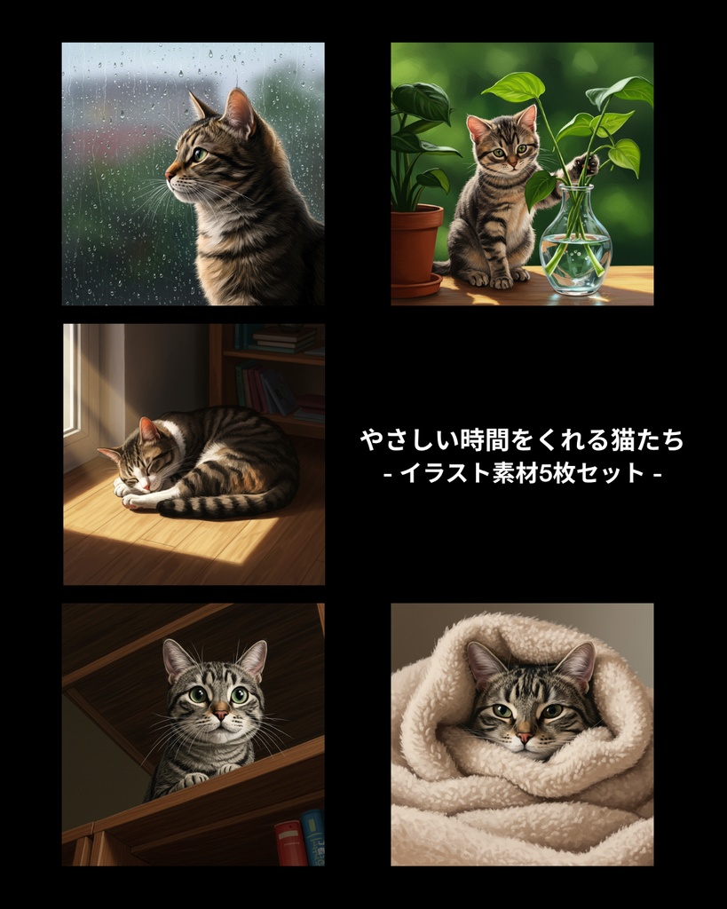 やさしい時間をくれる猫たち - イラスト素材5枚セット