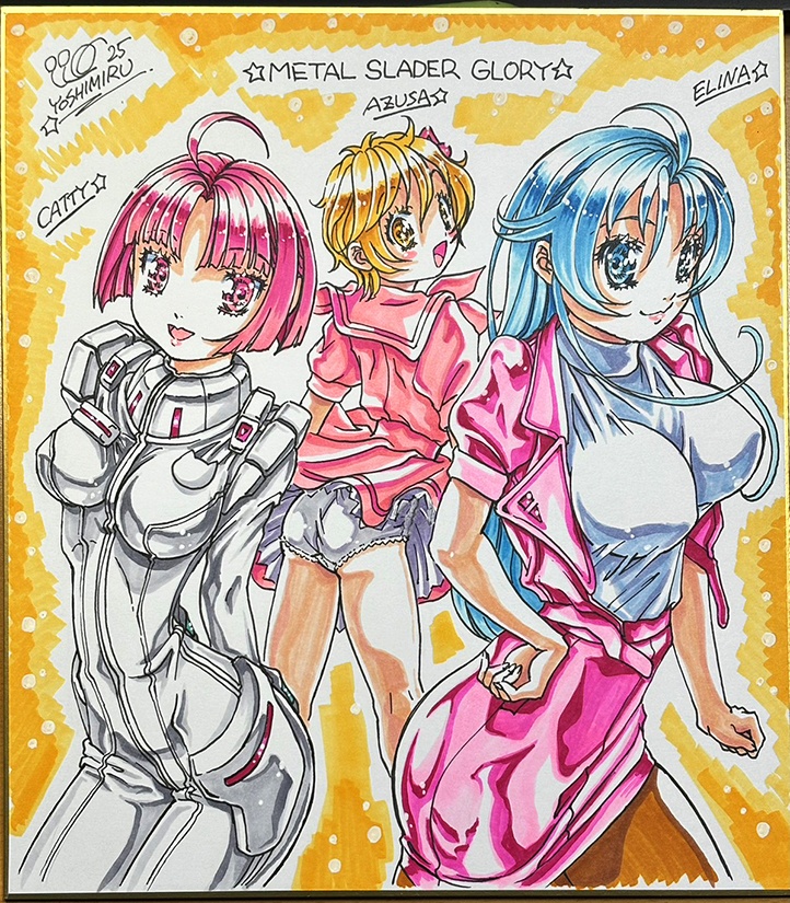 カラーイラスト色紙『エリナとキャティとあずさ』