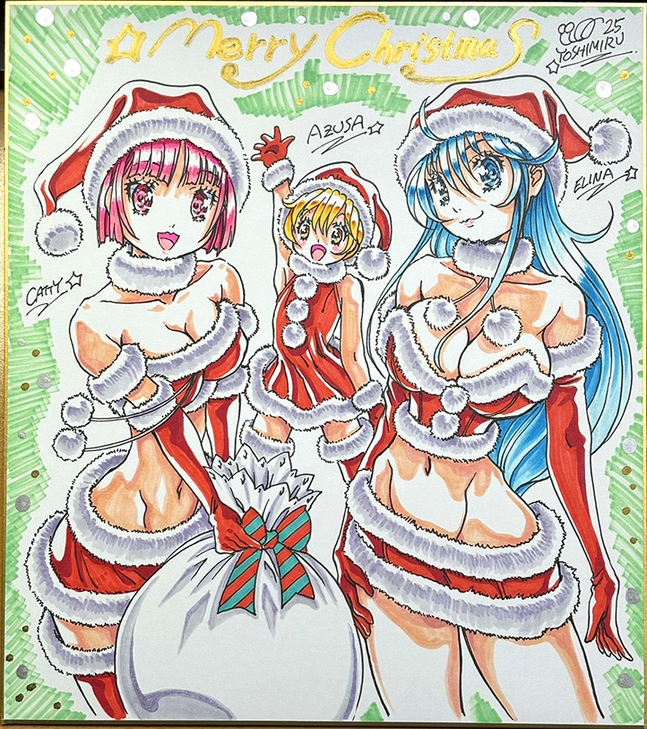 カラーイラスト色紙『エリナとキャティとあずさ（クリスマス）』