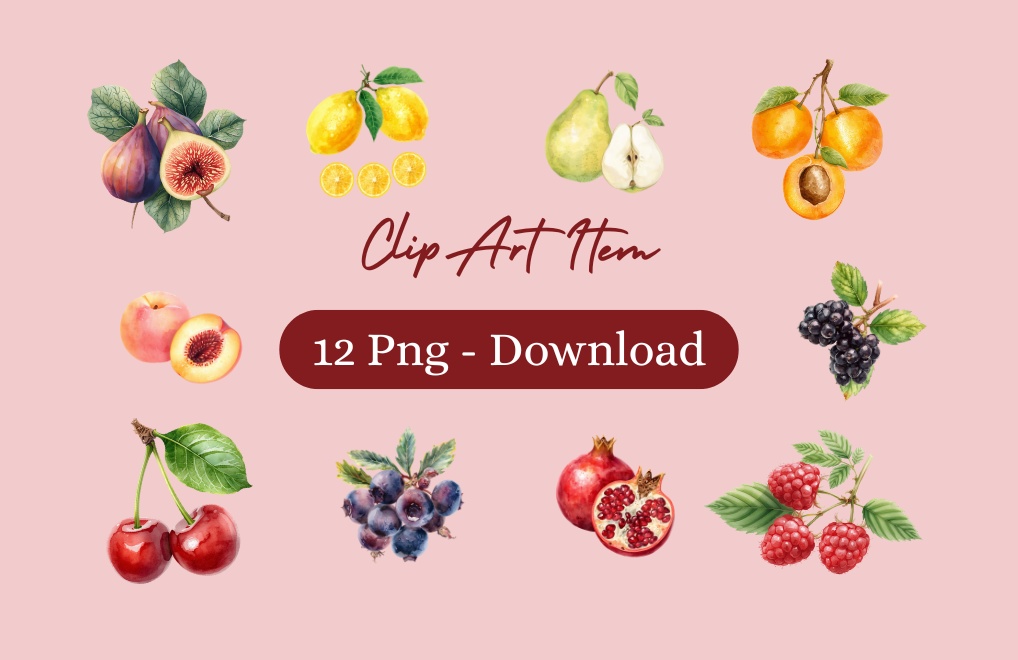 ボタニカル水彩画・フルーツクリップアート 10種セット【背景透過PNG】