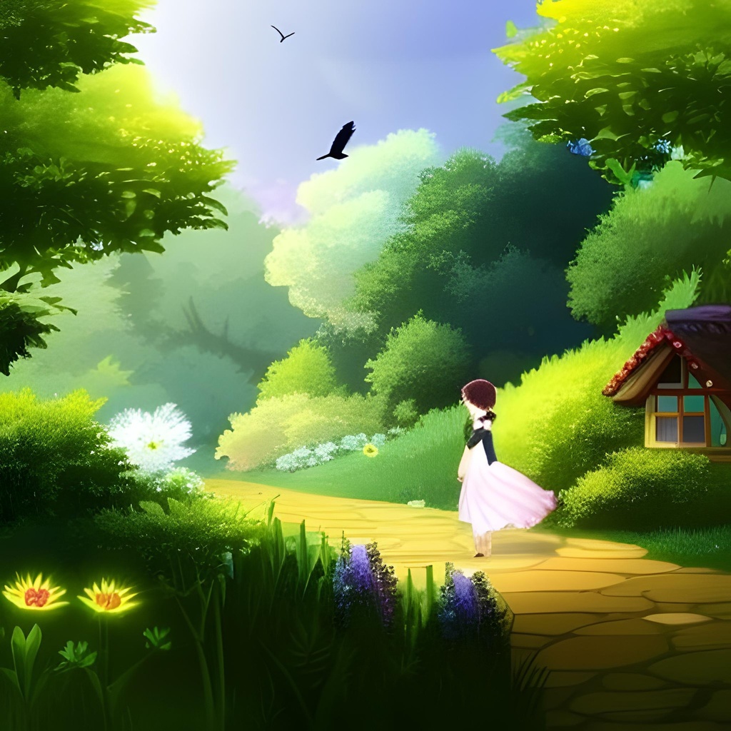 【有料 イラスト 絵本】森の中にある家の前で立つ少女【ID 000006】