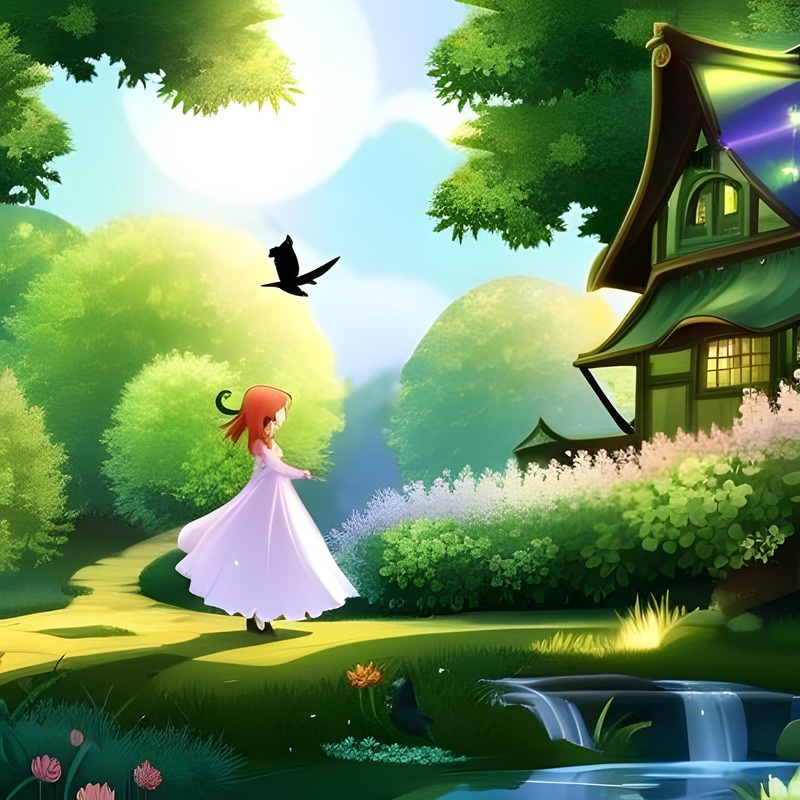 【有料 イラスト 絵本】森の中にある家の前で立つ白い服の幼女【ID 000004】