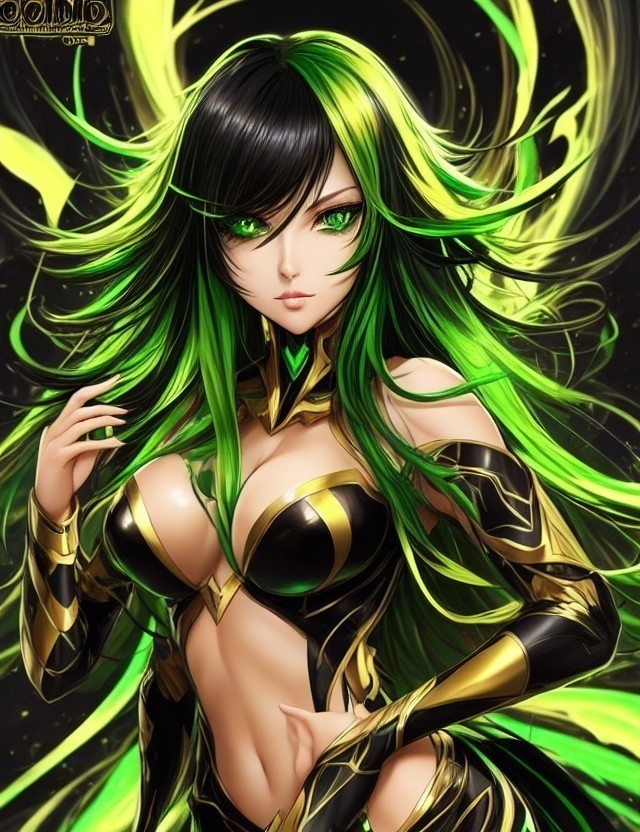 【無料ダウンロード】黒髪で緑（金）の衣装に身を包んだ戦士みたいな女性１０点セット
