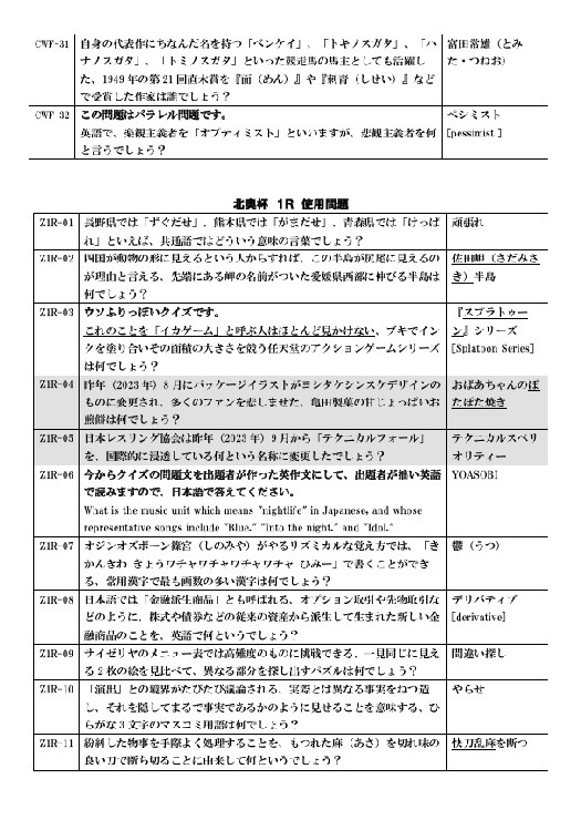 北奥杯・North Wing Cup 2024 問題集(エクセル付)