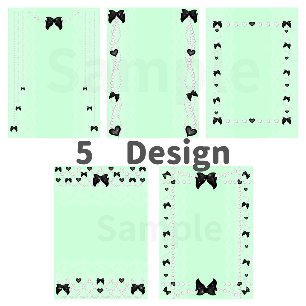 印刷専用】地雷系チェキ・トレカ用背景デコシート5デザイン+裏面プロフシート6枚セット(ミント×黒リボン・パール)【PDF】