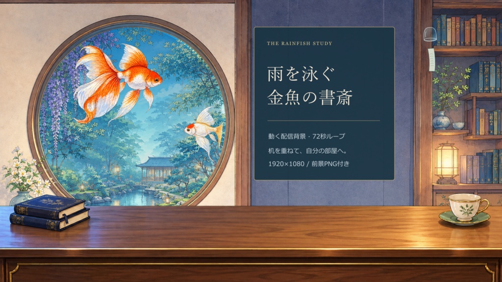 【VTuber用・動く背景】雨を泳ぐ金魚の書斎｜和モダンの不思議な部屋｜透過机付き・72秒ループ
