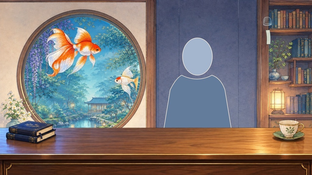 【VTuber用・動く背景】雨を泳ぐ金魚の書斎|和モダンの不思議な部屋|透過机付き・72秒ループ