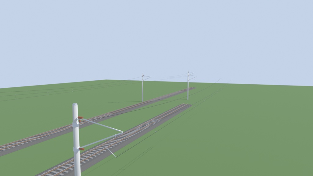 【3Dモデル】線路・架線・架線柱セット|50m直線モジュール/Blender・FBX・GLB