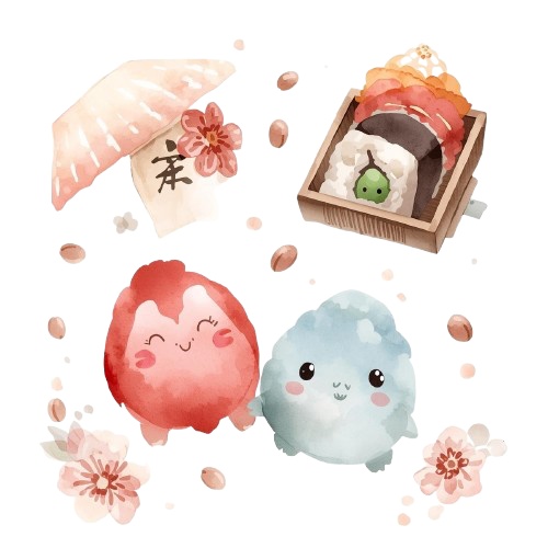 節分 水彩クリップアート|ピンク×アンティークの可愛い鬼と和モチーフ素材セット