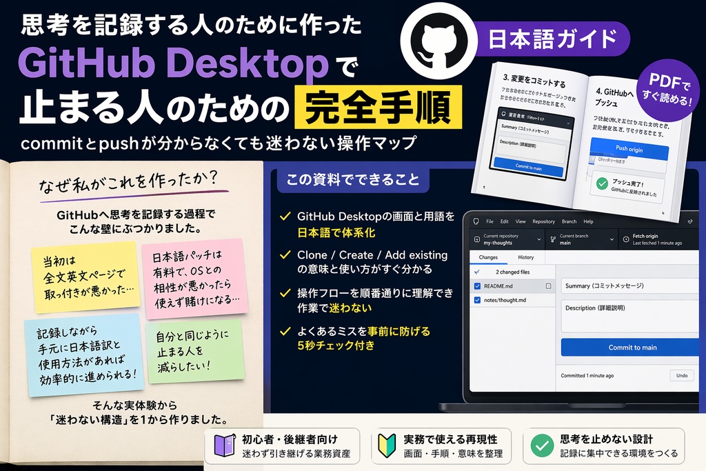 GitHub Desktopで止まる人のための完全手順 ― commitとpushが分からなくても迷わない操作マップ ―