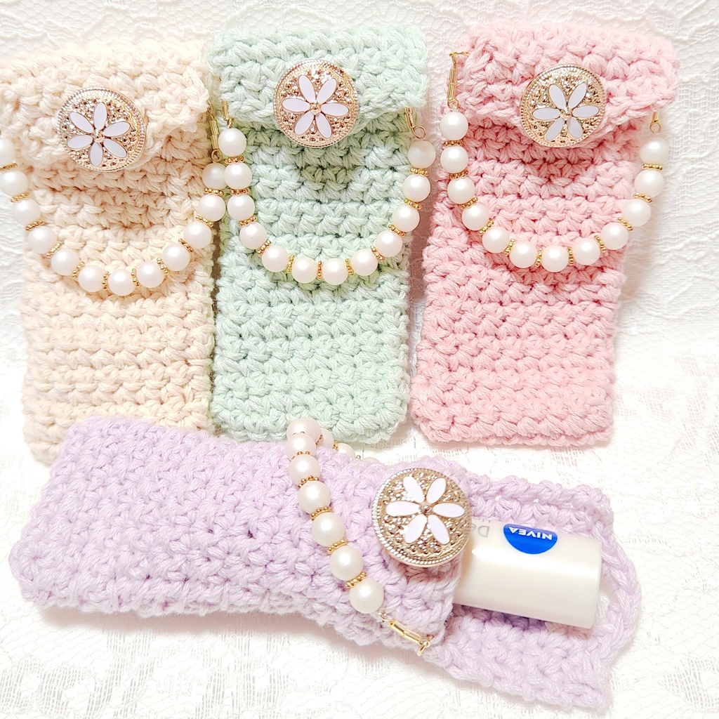 パール付き♡パステルかぎ編みリップケースෆ推し活バッグにも