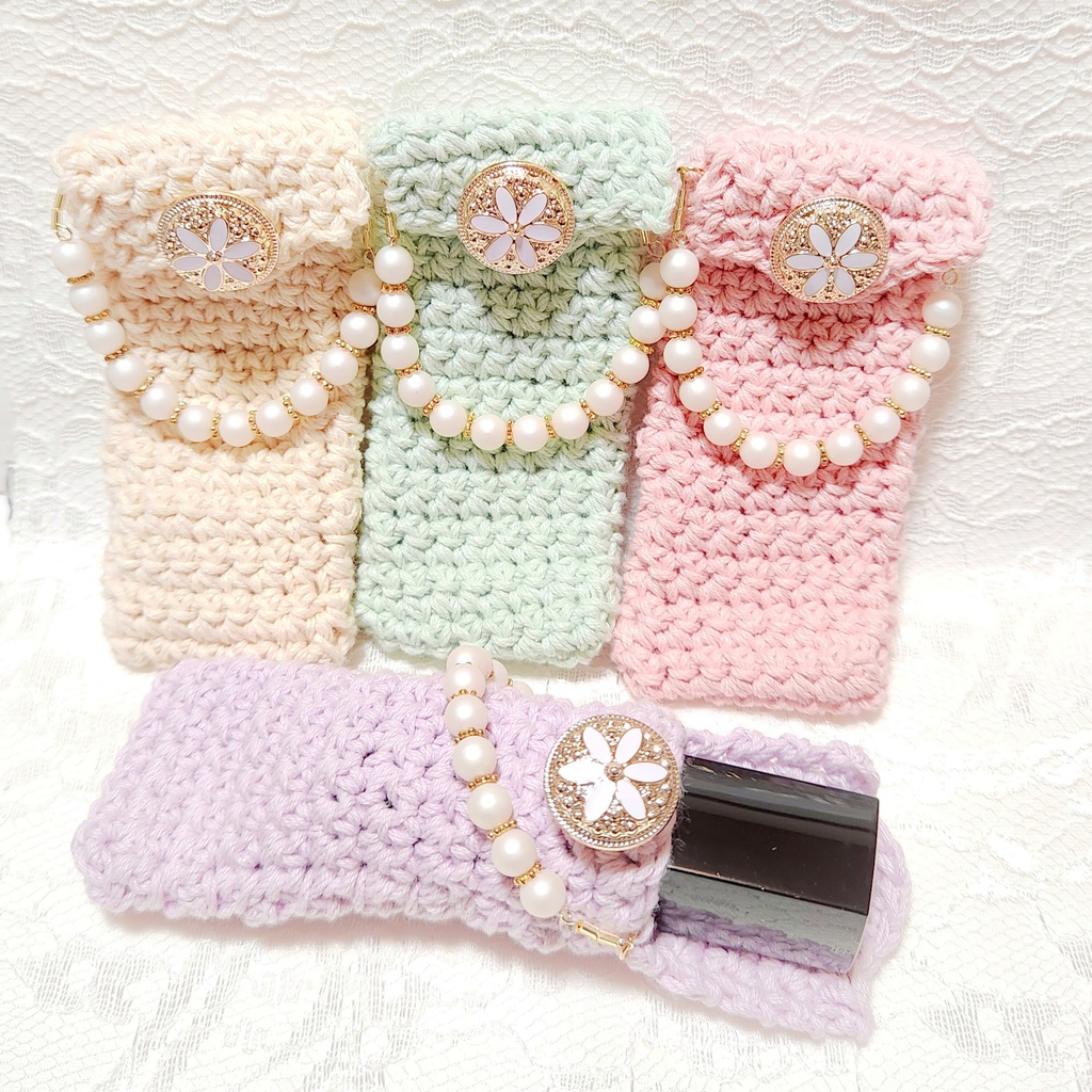 パール付き♡パステルかぎ編みリップケースෆ推し活バッグにも