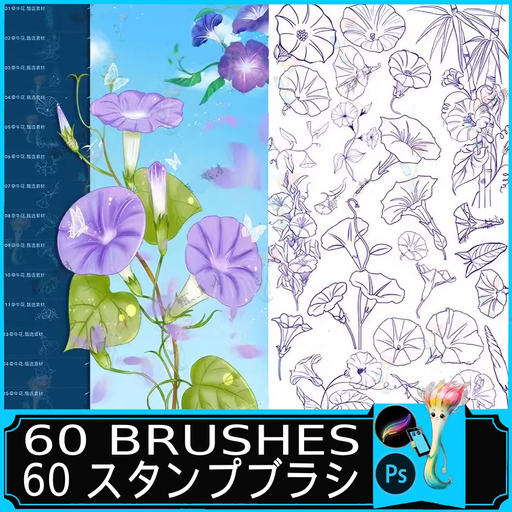 朝顔スタンプブラシ60種｜Procreate & Photoshop対応｜線画から彩色まで使える花・植物ブラシセット