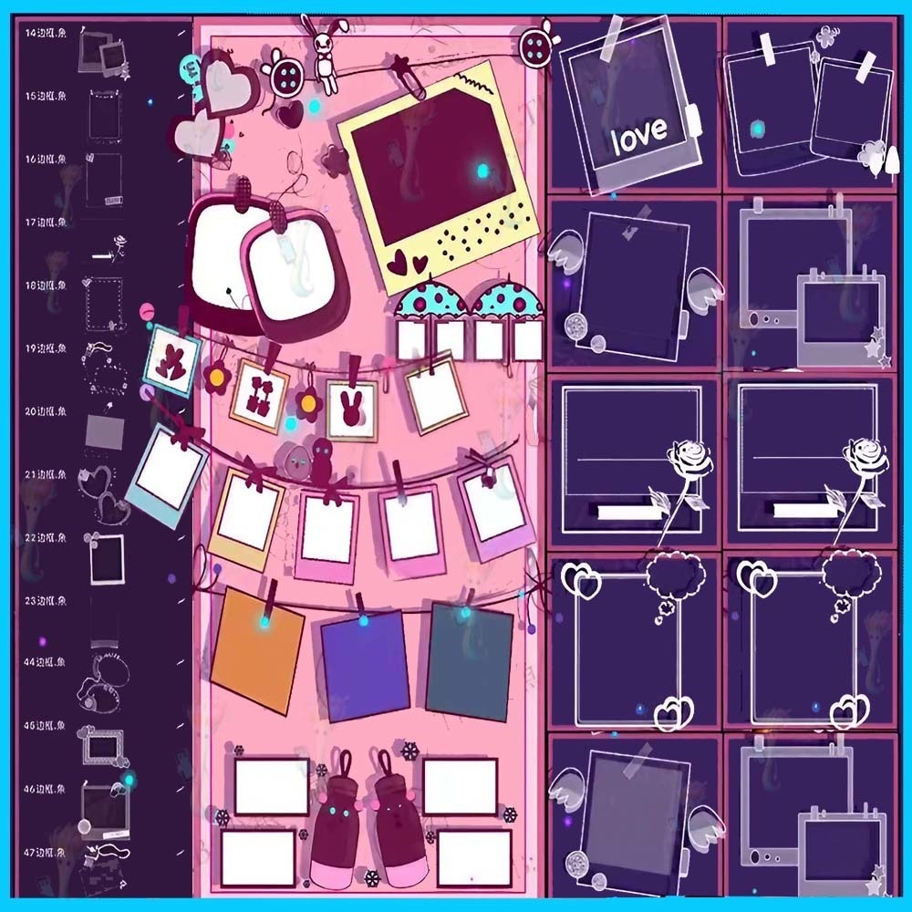 ProcreateとPhotoshop用の58種類のスクラップブックとノートの装飾ブラシセット - フォトフレームと装飾素材