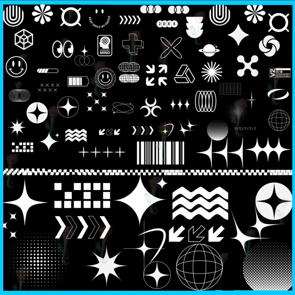 ProcreateとPhotoshop用の58種類の幾何学的・抽象的シェイプブラシセット - グリッチ、未来的、装飾的な素材