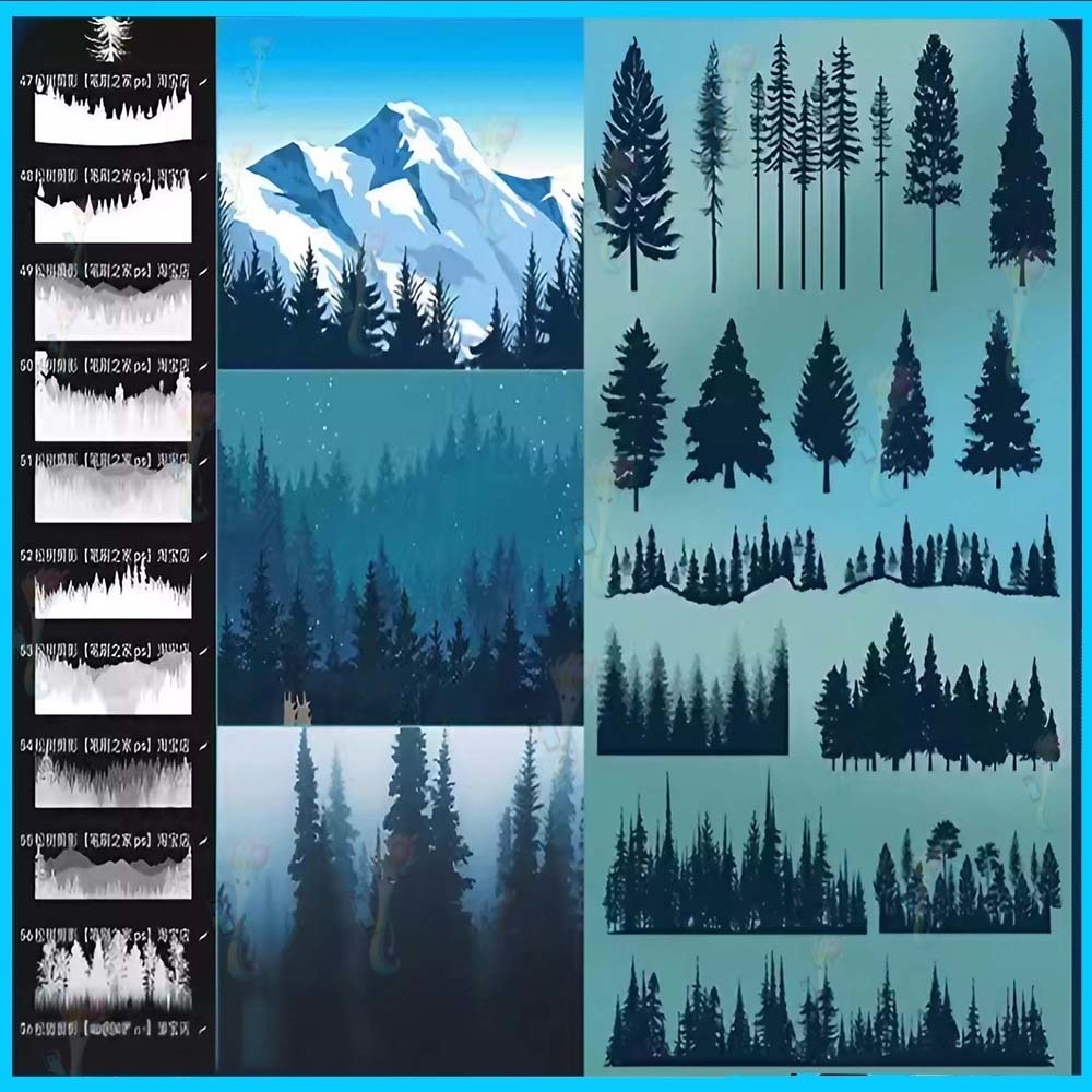 ProcreateとPhotoshop用の56種類の樹木、森林、針葉樹のブラシセット - 風景、自然、シルエット素材