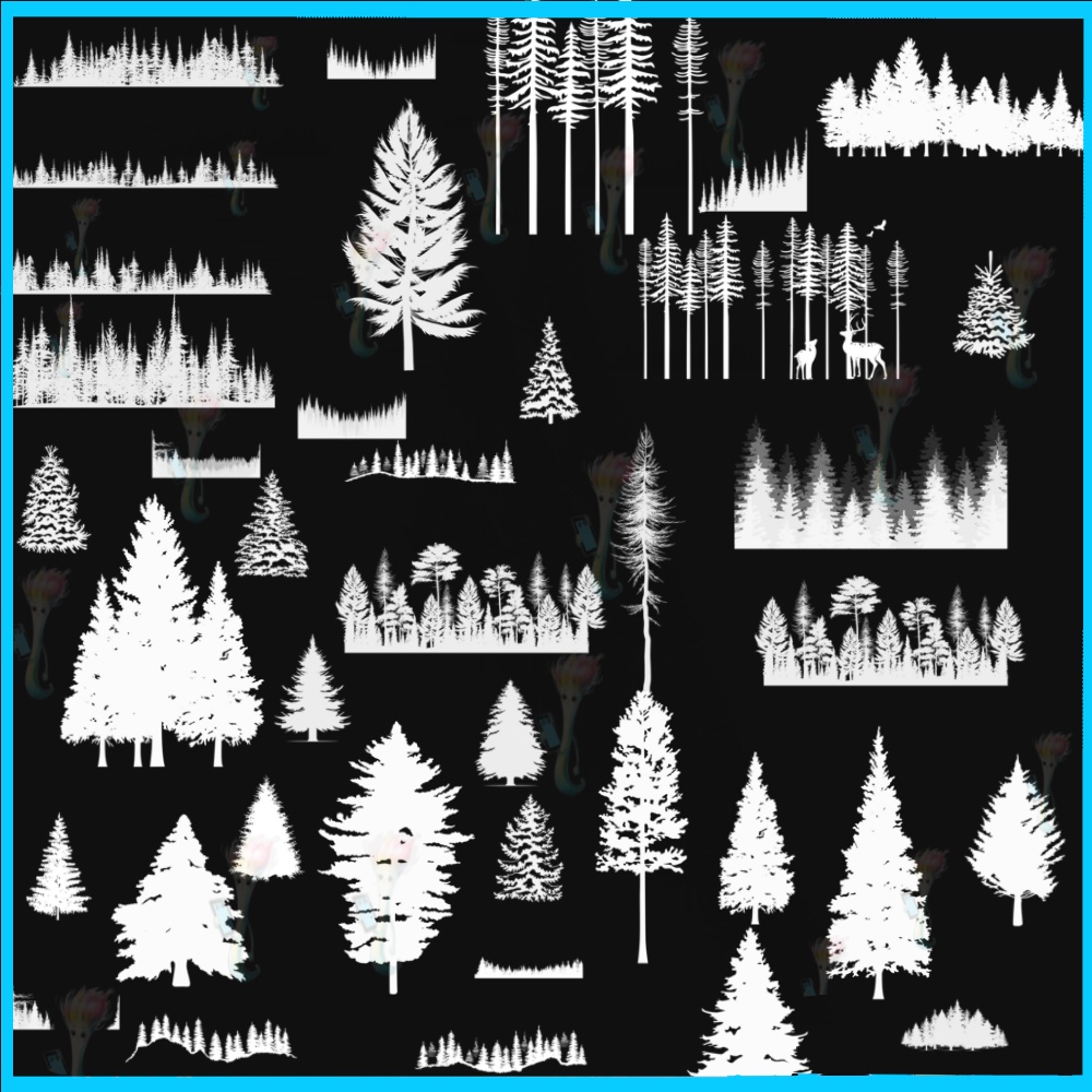 ProcreateとPhotoshop用の56種類の樹木、森林、針葉樹のブラシセット - 風景、自然、シルエット素材