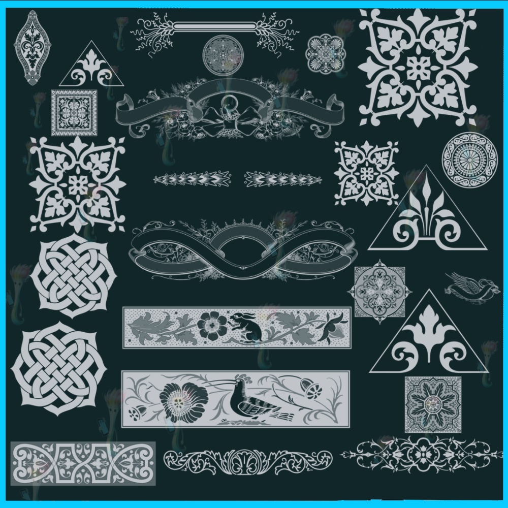 ProcreateとPhotoshop用の装飾パターン、フレーム、装飾ブラシセット52種類 - エレガントでクラシックなデザイン素材