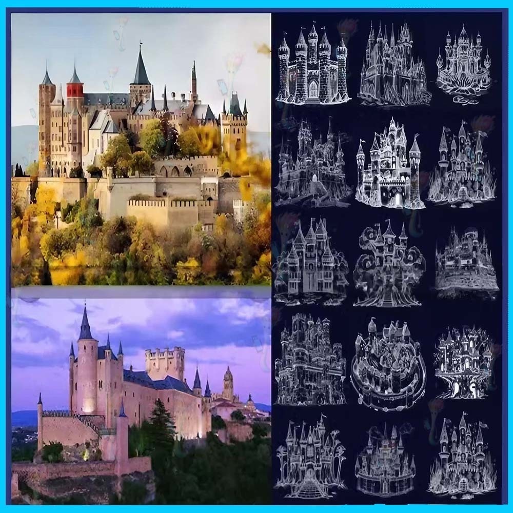 ProcreateとPhotoshop用の50種類の城とファンタジー建築ブラシセット - おとぎ話、中世、背景デザイン素材