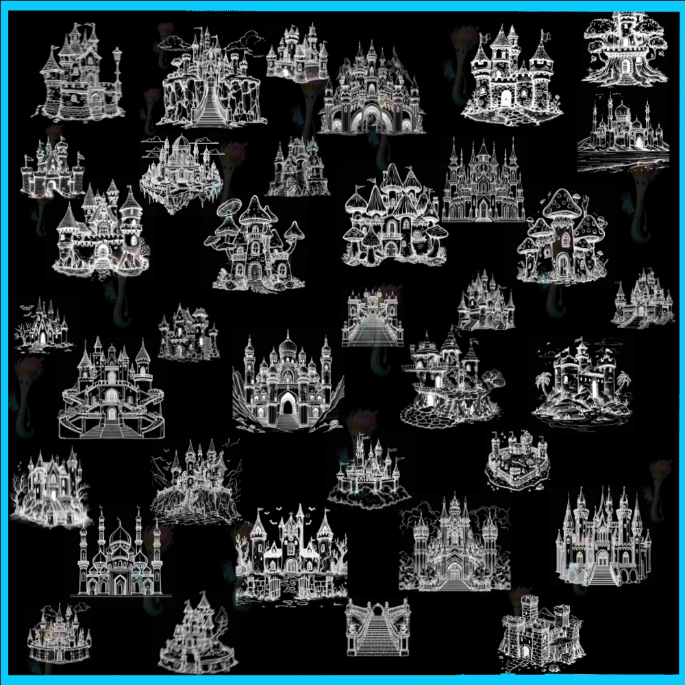 ProcreateとPhotoshop用の50種類の城とファンタジー建築ブラシセット - おとぎ話、中世、背景デザイン素材