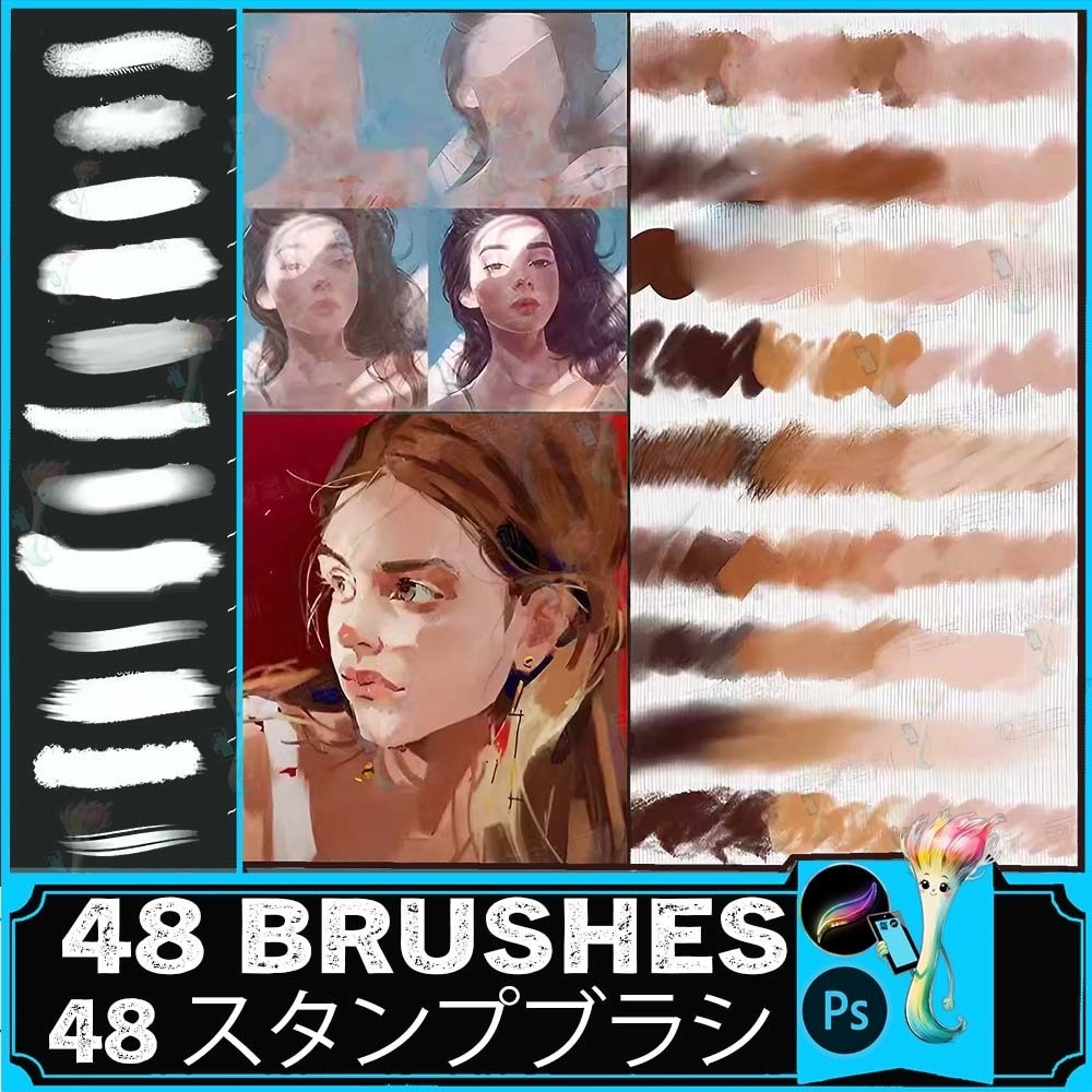 ProcreateとPhotoshop用の48種類の油絵とリアルな油絵ブラシセット - 厚塗り、テクスチャ、デジタルペイント素材