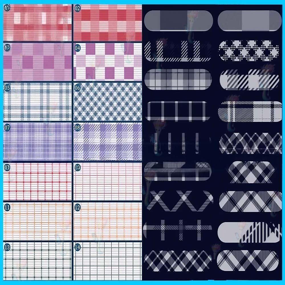 Procreate&Photoshop用チェック柄・格子柄テクスチャブラシセット48種類 - 服、布地、背景、JK制服デザイン素材