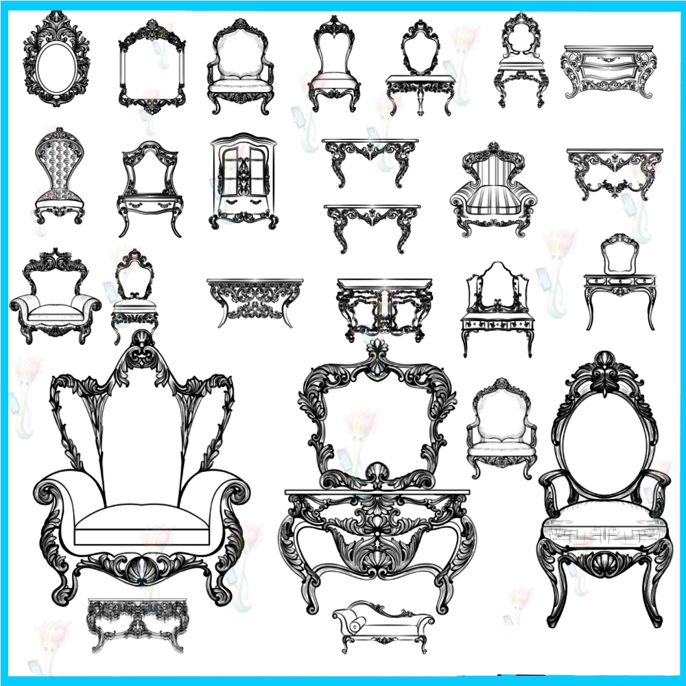 ProcreateとPhotoshop用の40種類のヨーロピアンスタイルのソファとテーブル家具ブラシセット - クラシックな装飾とインテリアデザインの素材
