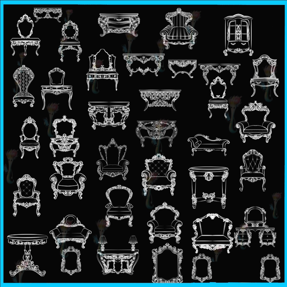 ProcreateとPhotoshop用の40種類のヨーロピアンスタイルのソファとテーブル家具ブラシセット - クラシックな装飾とインテリアデザインの素材