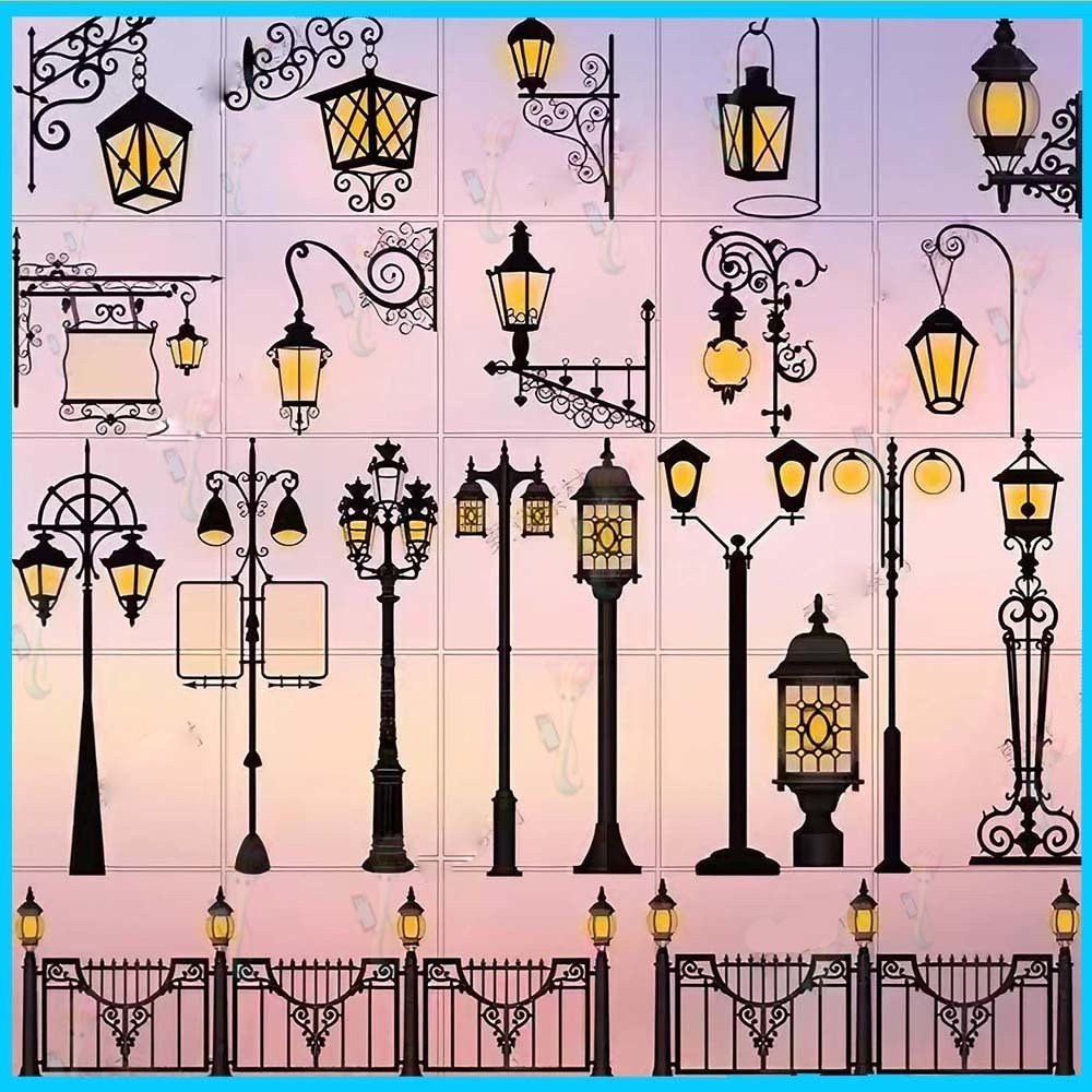 ProcreateとPhotoshop用の街灯と街灯ブラシセット40種類 - 都市景観、背景、建築デザイン素材