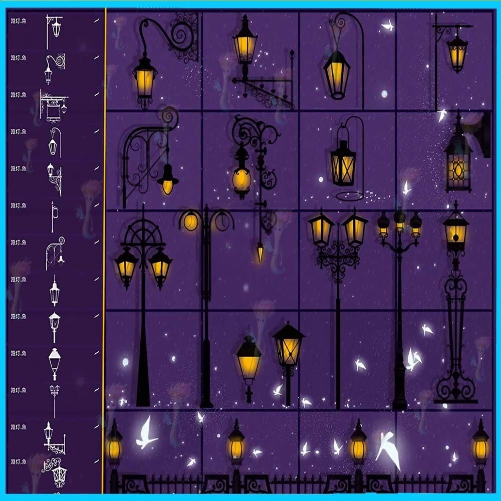 ProcreateとPhotoshop用の街灯と街灯ブラシセット40種類 - 都市景観、背景、建築デザイン素材