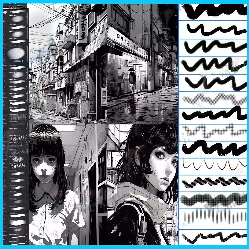 Procreate&Photoshop用テクスチャ線ブラシ40種セット - ハッチング、ハーフトーン、マンガ、イラスト素材