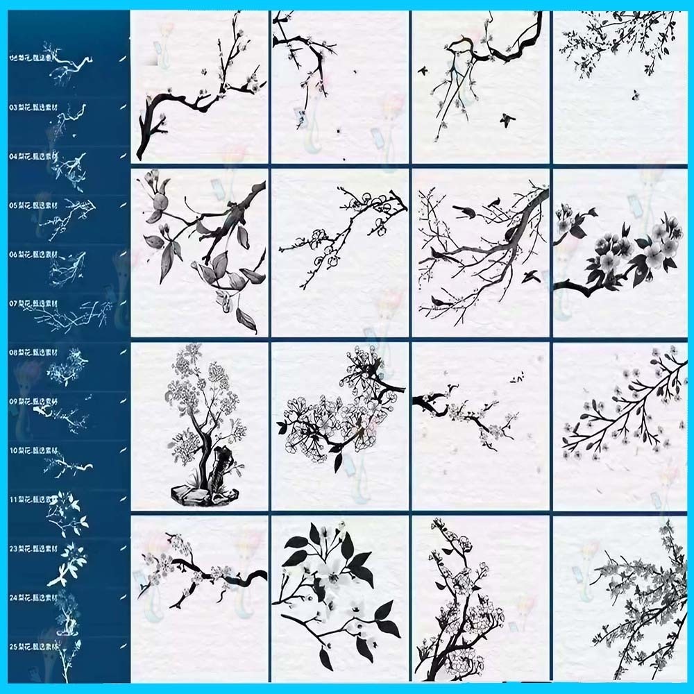 ProcreateとPhotoshop用38種類の梨の花と梅の花のブラシセット - 春、和風、植物表現素材