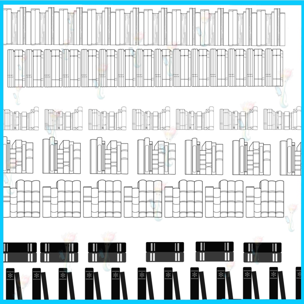 ProcreateとPhotoshop用の36種類の本と本棚ブラシセット - 書籍、図書館、背景、学習教材