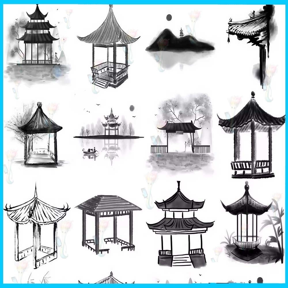 ProcreateとPhotoshop用の36種類の古代中国の建築と水墨画のブラシセット - 東洋、風景、背景素材