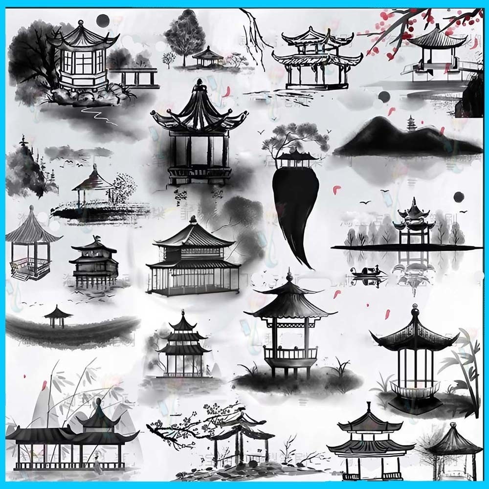 ProcreateとPhotoshop用の36種類の古代中国の建築と水墨画のブラシセット - 東洋、風景、背景素材