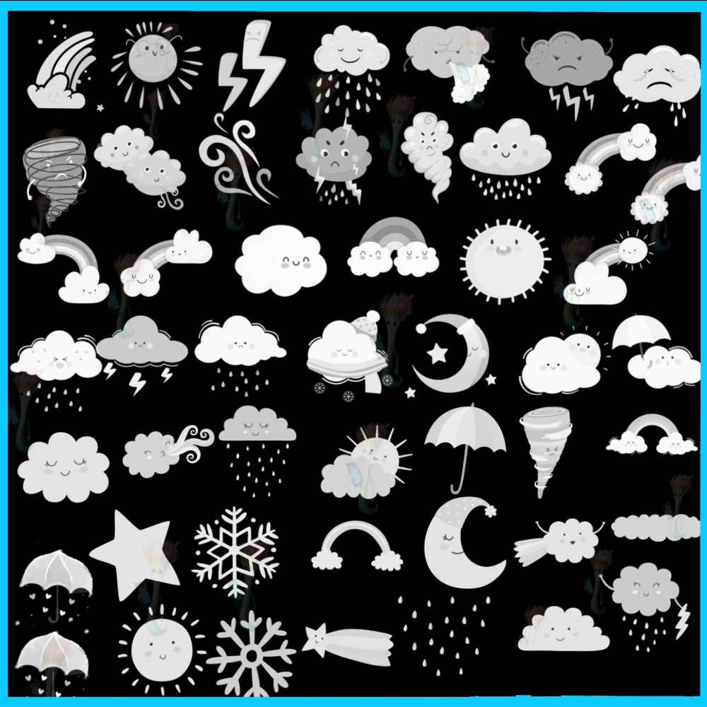 プロクリエイト&Photoshop用 58種 カートゥーンお天気ブラシセット - 太陽・雲・雨・虹・可愛いイラスト素材