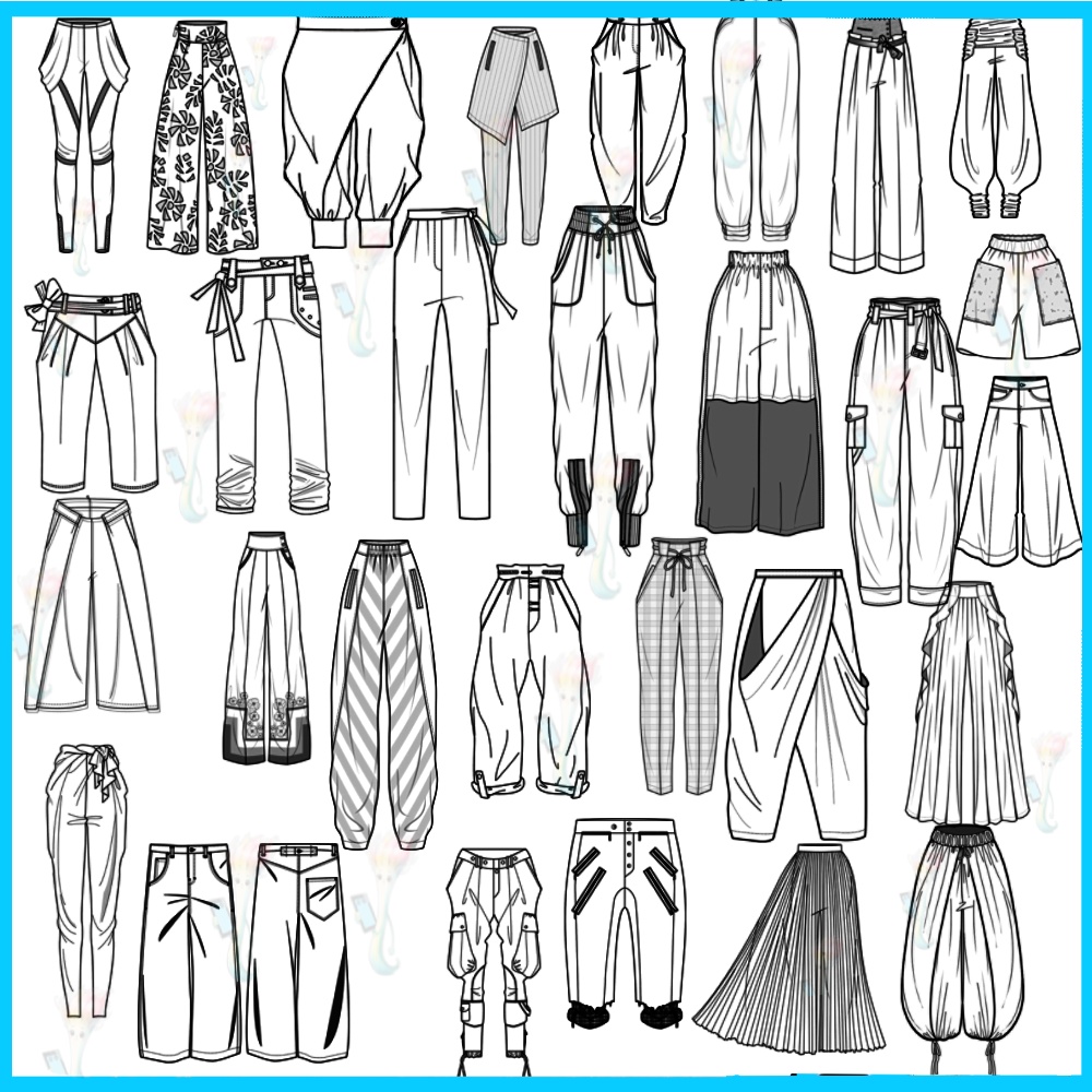 ProcreateとPhotoshop用のパンツとスカートの描画ブラシ66種類セット - マンガ、ファッション、キャラクターデザイン素材