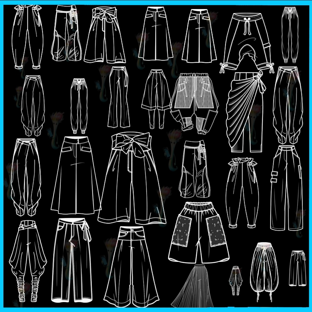 ProcreateとPhotoshop用のパンツとスカートの描画ブラシ66種類セット - マンガ、ファッション、キャラクターデザイン素材