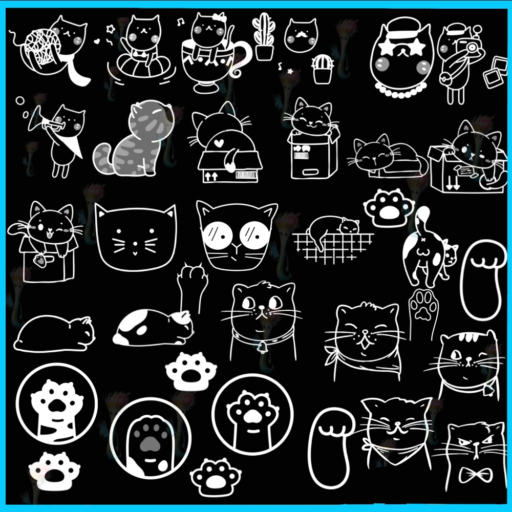 ProcreateとPhotoshop用の猫の足跡と猫モチーフブラシセット54種類 - かわいい、動物、イラスト素材