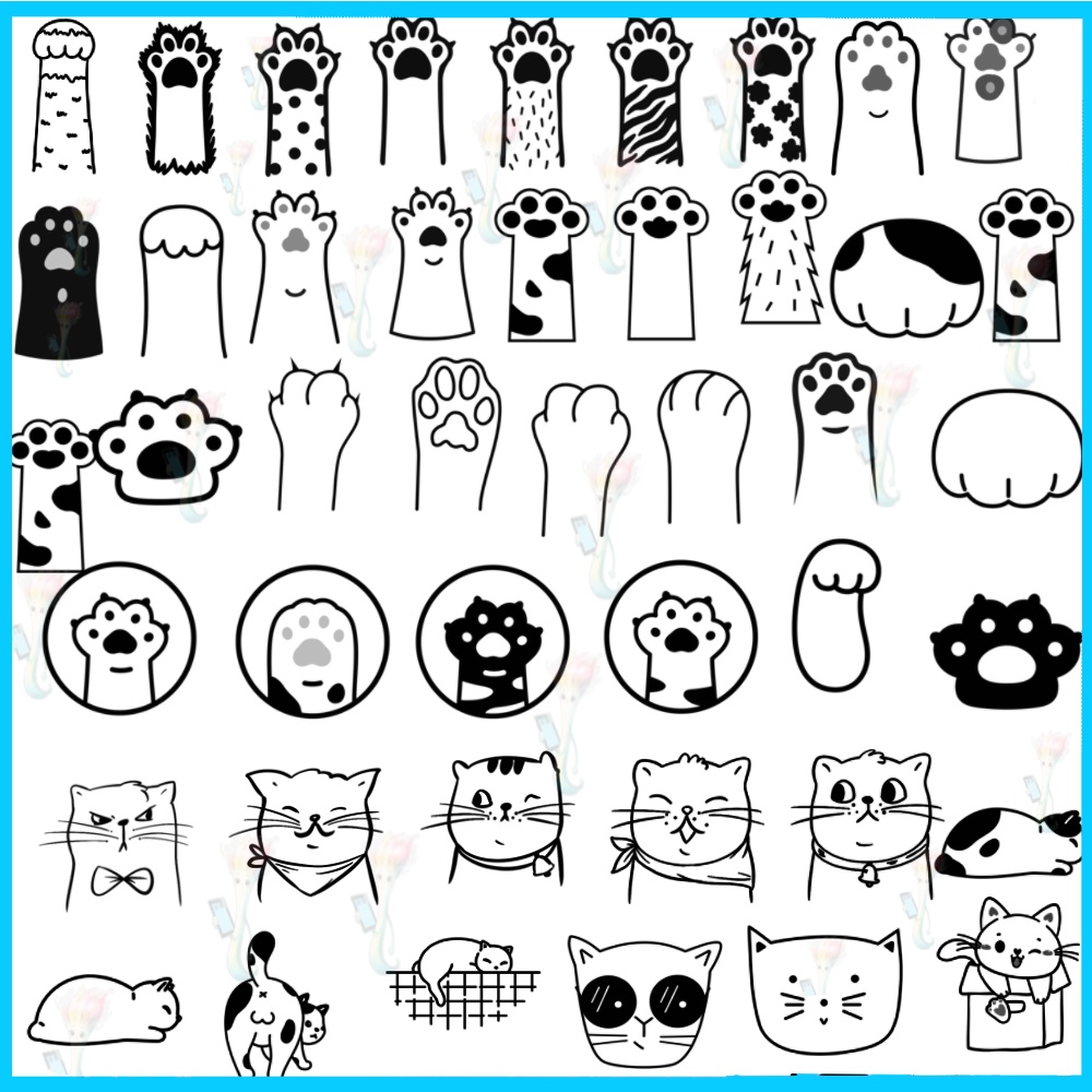ProcreateとPhotoshop用の猫の足跡と猫モチーフブラシセット54種類 - かわいい、動物、イラスト素材