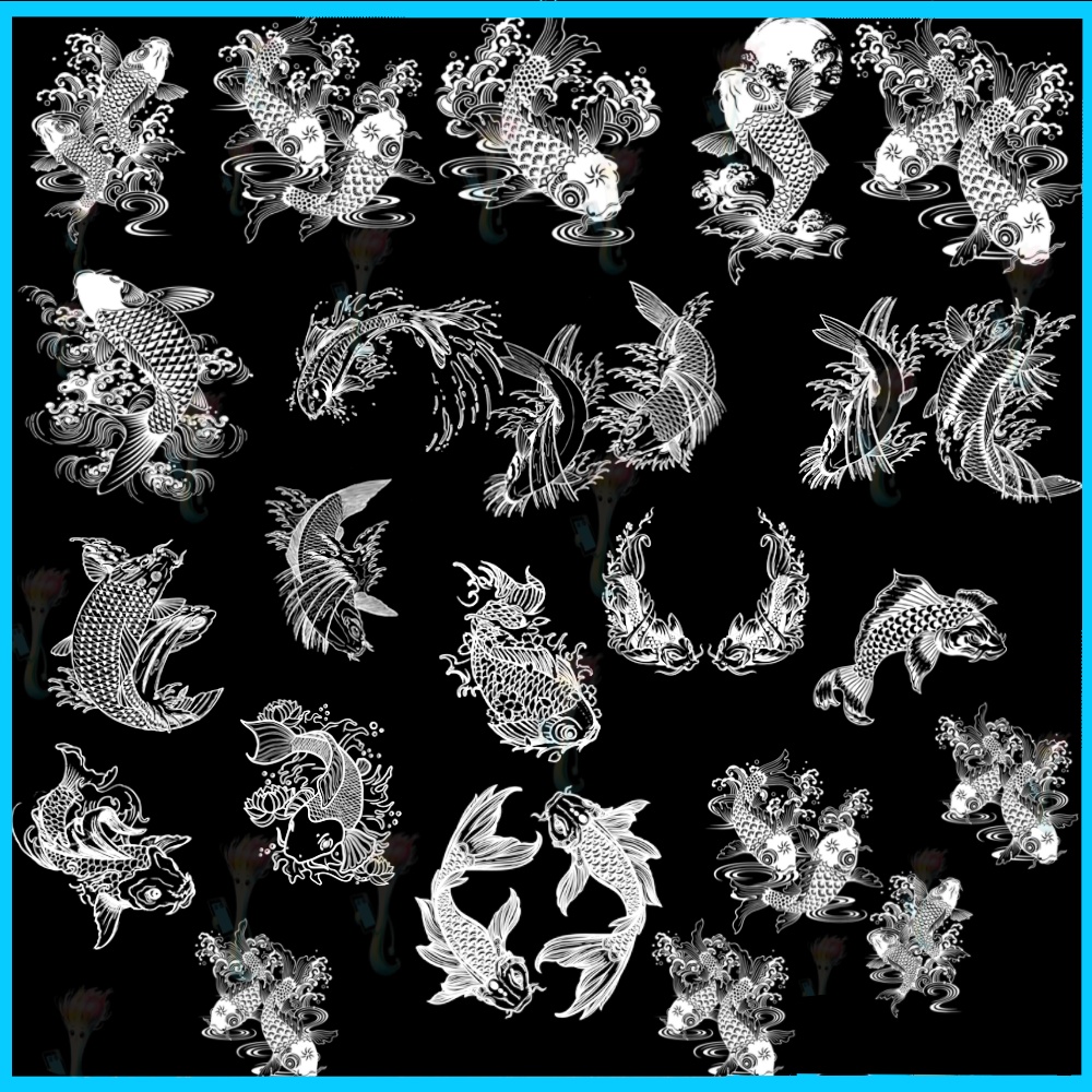 Photoshop用中国風魚・鯉スタンプブラシセット18種類 - 和風、アジア風、水墨画風素材