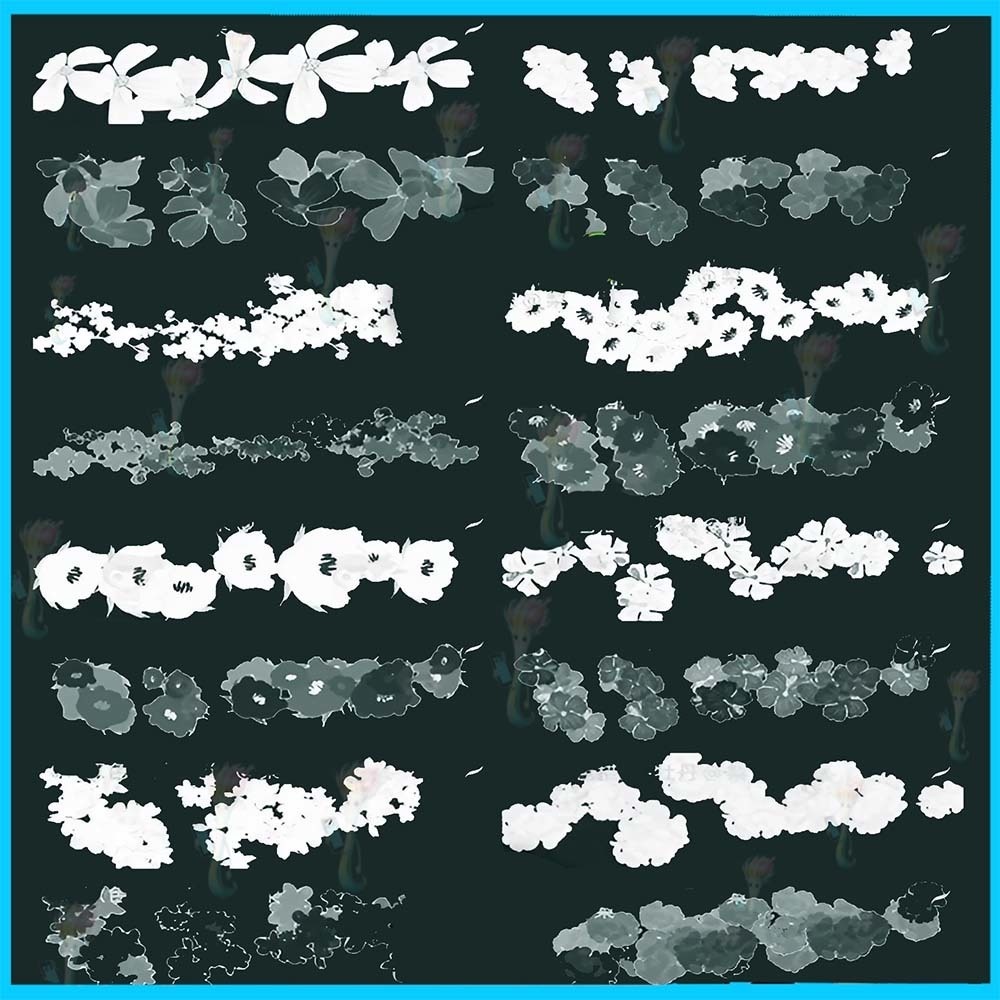 Procreate 用の38種類の昔ながらの桜の花のブラシセット - 2色のブラシストローク、植物、バラ、クラスターの装飾