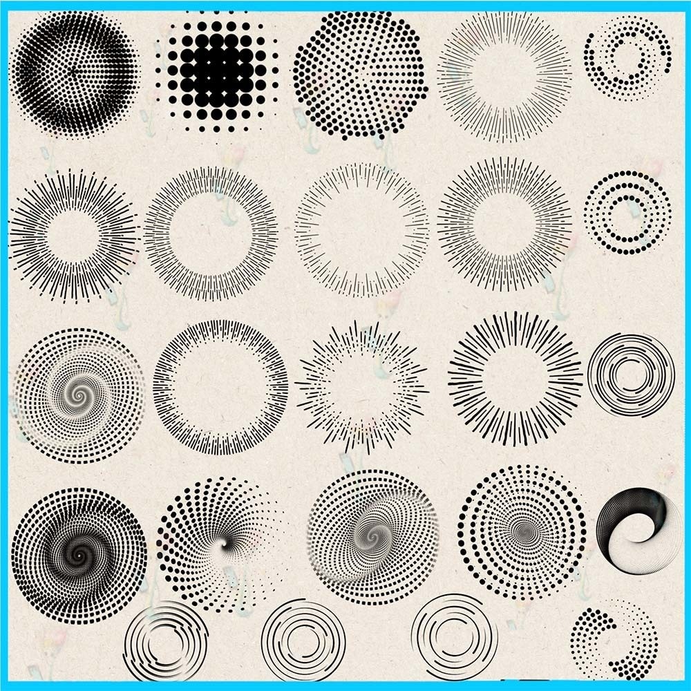 ProcreateとPhotoshop用58種類のSFテクノ円形デコレーションブラシセット - ハロー、絞り、ライン、背景素材