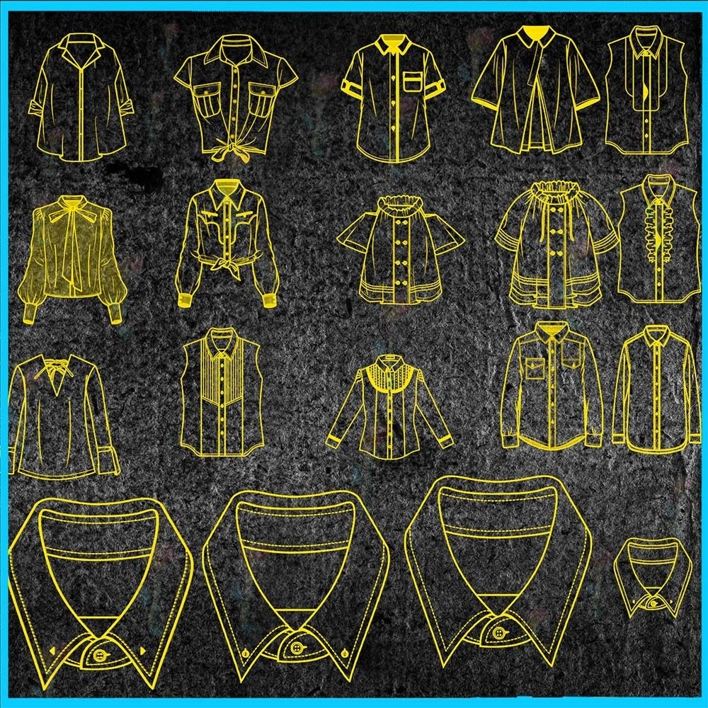 ProcreateとPhotoshop用の52種類のシャツと襟のデザインブラシセット - 服のスケッチ、トップス、ビジネスウェアの素材