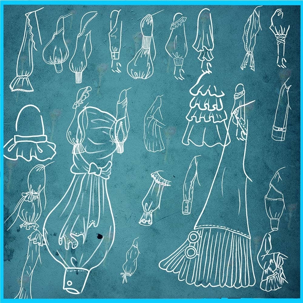 ProcreateとPhotoshop用の58種類の服の袖と袖口のデザインブラシセット - 女性の服、衣装スタイル、線画補助素材