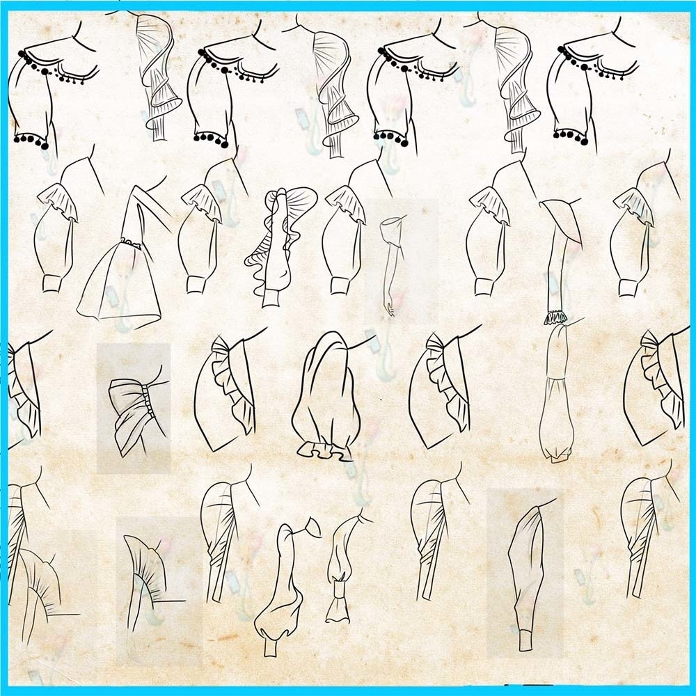 ProcreateとPhotoshop用の58種類の服の袖と袖口のデザインブラシセット - 女性の服、衣装スタイル、線画補助素材